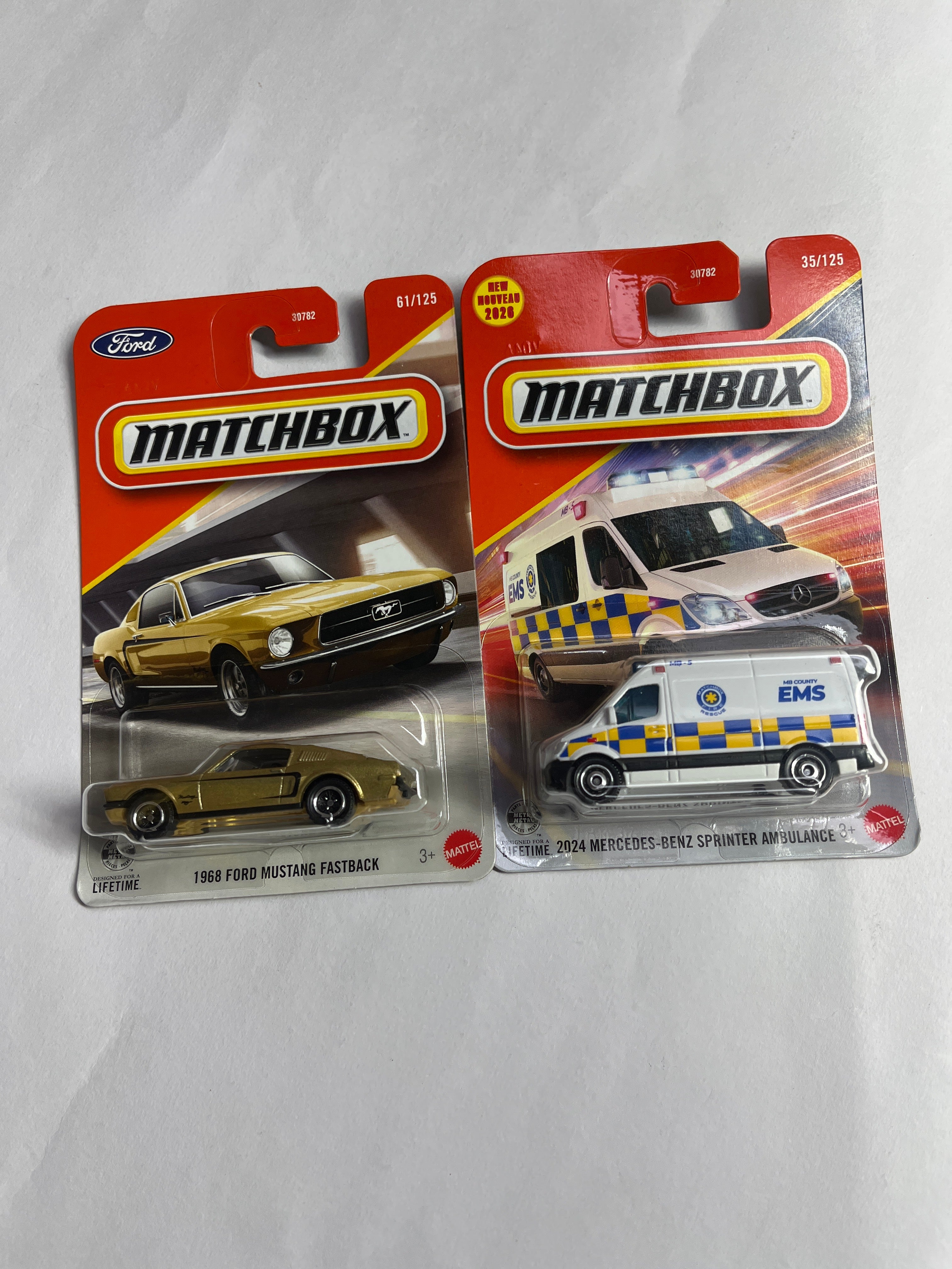 1968 Ford Mustang Fastback and 2024 Mercedez-Benz Sprinter ambulance - matchbox