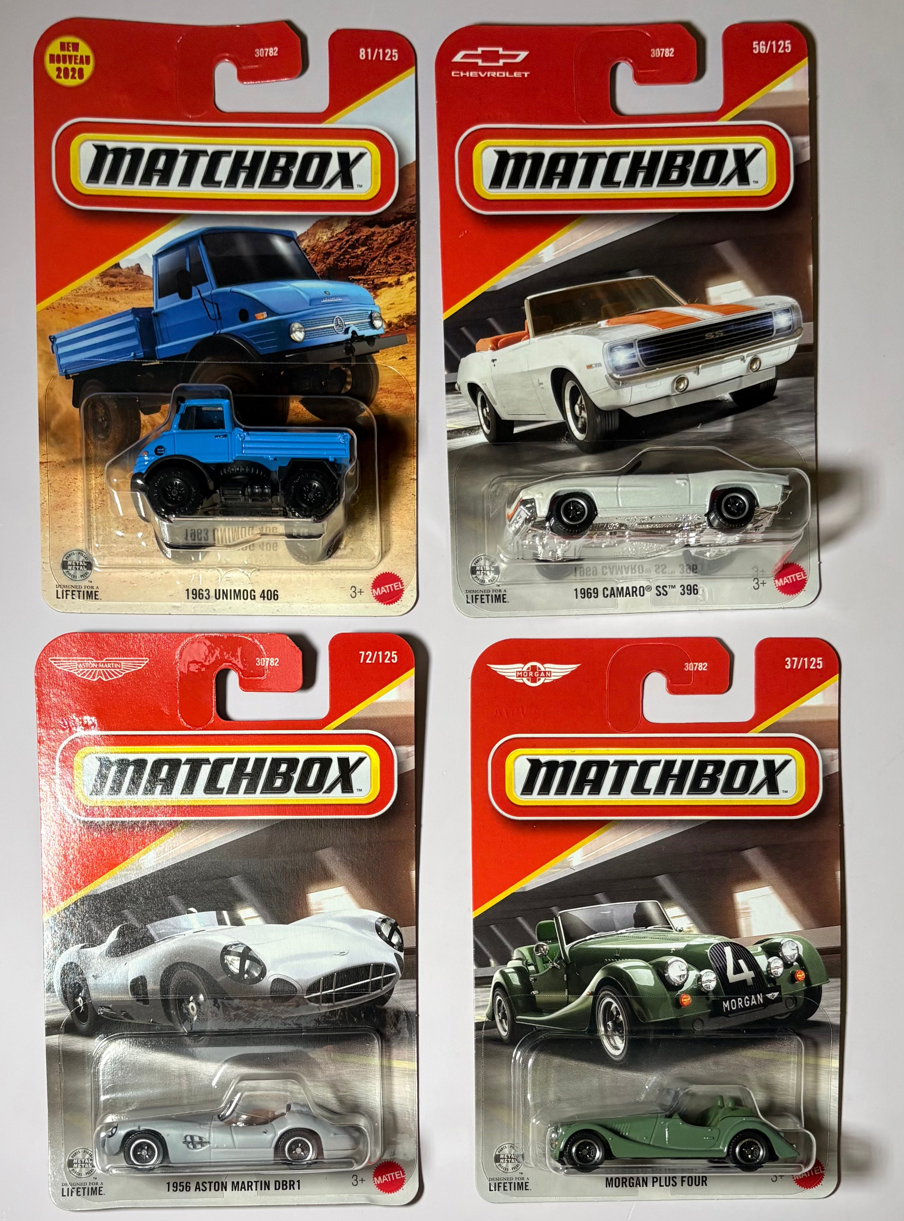 1956 Aston Martin DBR1,1969 Camaro SS™ 396,1963 Unimog 406 & Morgan Plus Four