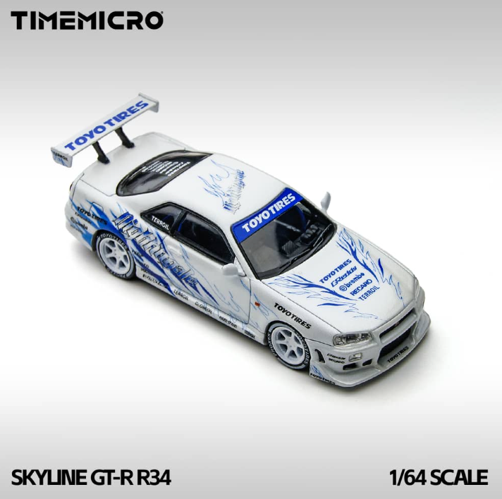 Nissan Skyline GT-R R34 "Drifting flame" Nightingale White/ Blue-999 Units worldwide