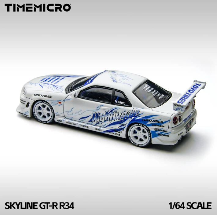 Nissan Skyline GT-R R34 "Drifting flame" Nightingale White/ Blue-999 Units worldwide