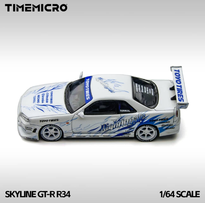 Nissan Skyline GT-R R34 "Drifting flame" Nightingale White/ Blue-999 Units worldwide